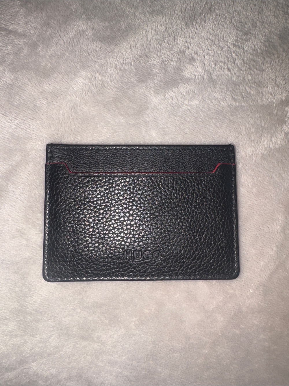 HUGO Black Pebbled Leather Card & Key Holder with Red Accent